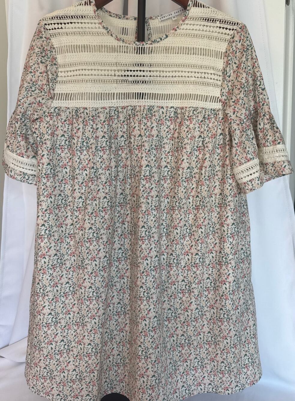 English Factory Floral Babydoll Mini Cottagecore Dress Crochet Lace Detail XS